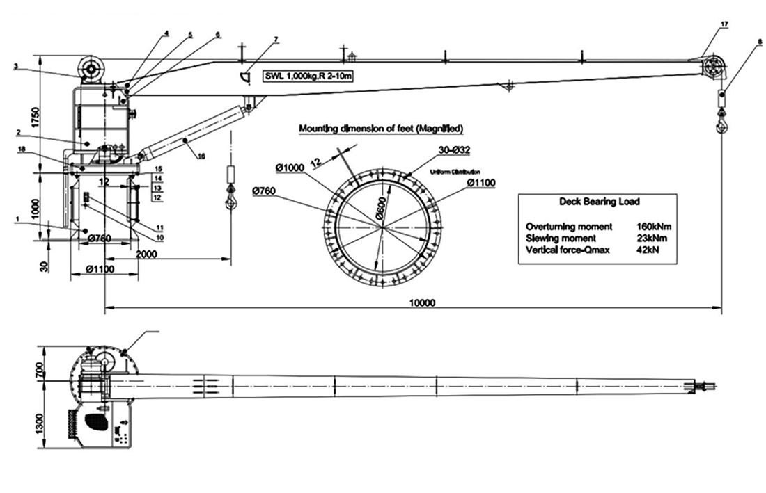 schematický nákres lodného palubného žeriavu